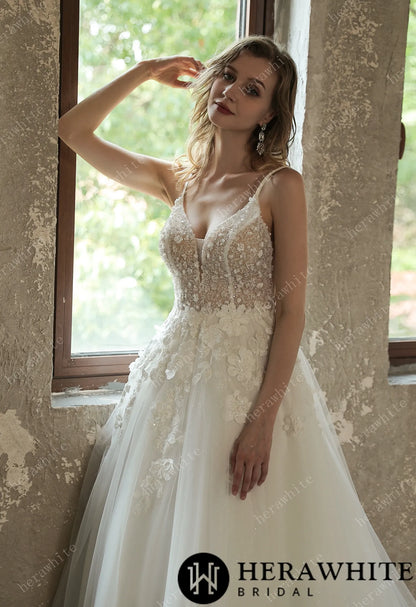 Sparkly Sequined Floral Tulle Ballgown V-neck Wedding Dress — HW3035 — image 3