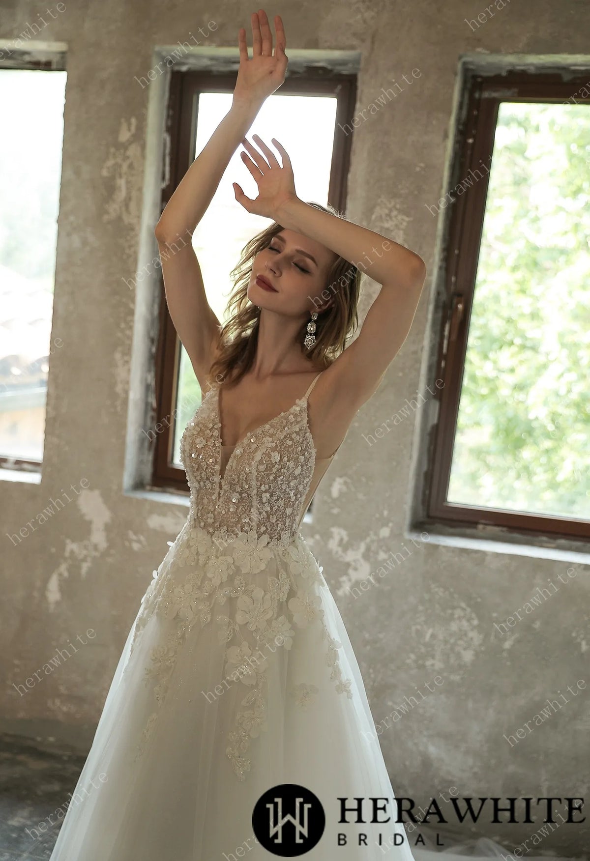 Sparkly Sequined Floral Tulle Ballgown V-neck Wedding Dress — HW3035 — image 4