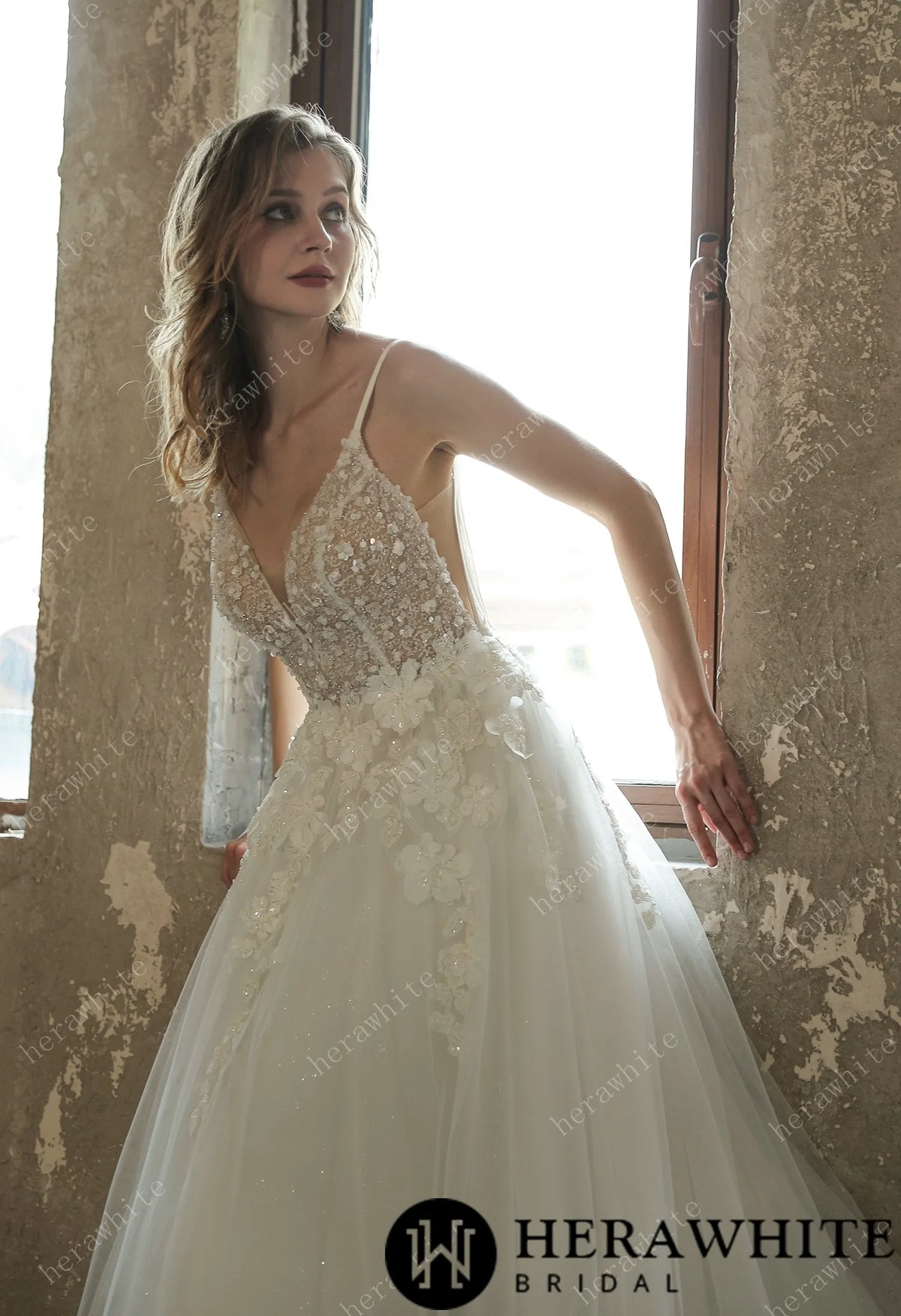 Sparkly Sequined Floral Tulle Ballgown V-neck Wedding Dress — HW3035 — image 5