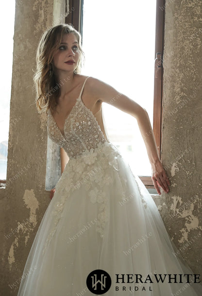 Sparkly Sequined Floral Tulle Ballgown V-neck Wedding Dress — HW3035 — image 5