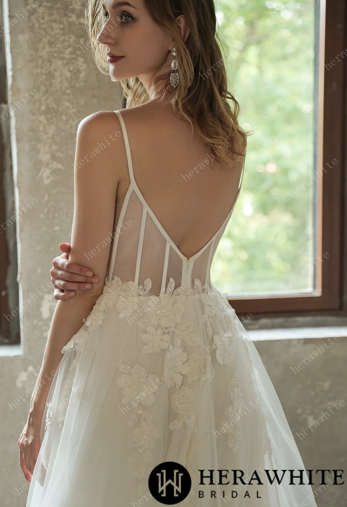Sparkly Sequined Floral Tulle Ballgown V-neck Wedding Dress — HW3035 — image 6