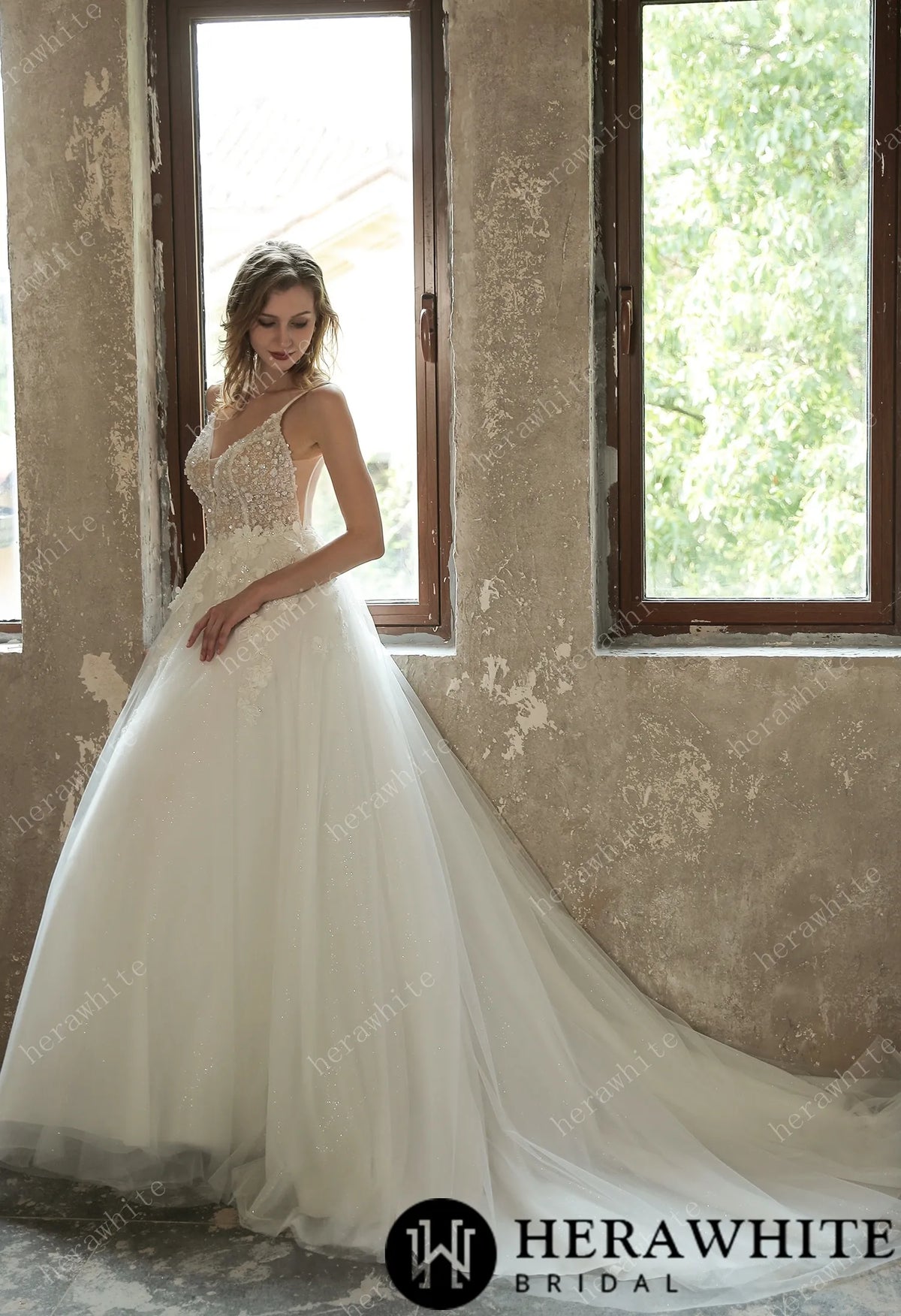 Sparkly Sequined Floral Tulle Ballgown V-neck Wedding Dress — HW3035 — image 7