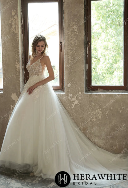 Sparkly Sequined Floral Tulle Ballgown V-neck Wedding Dress — HW3035 — image 7