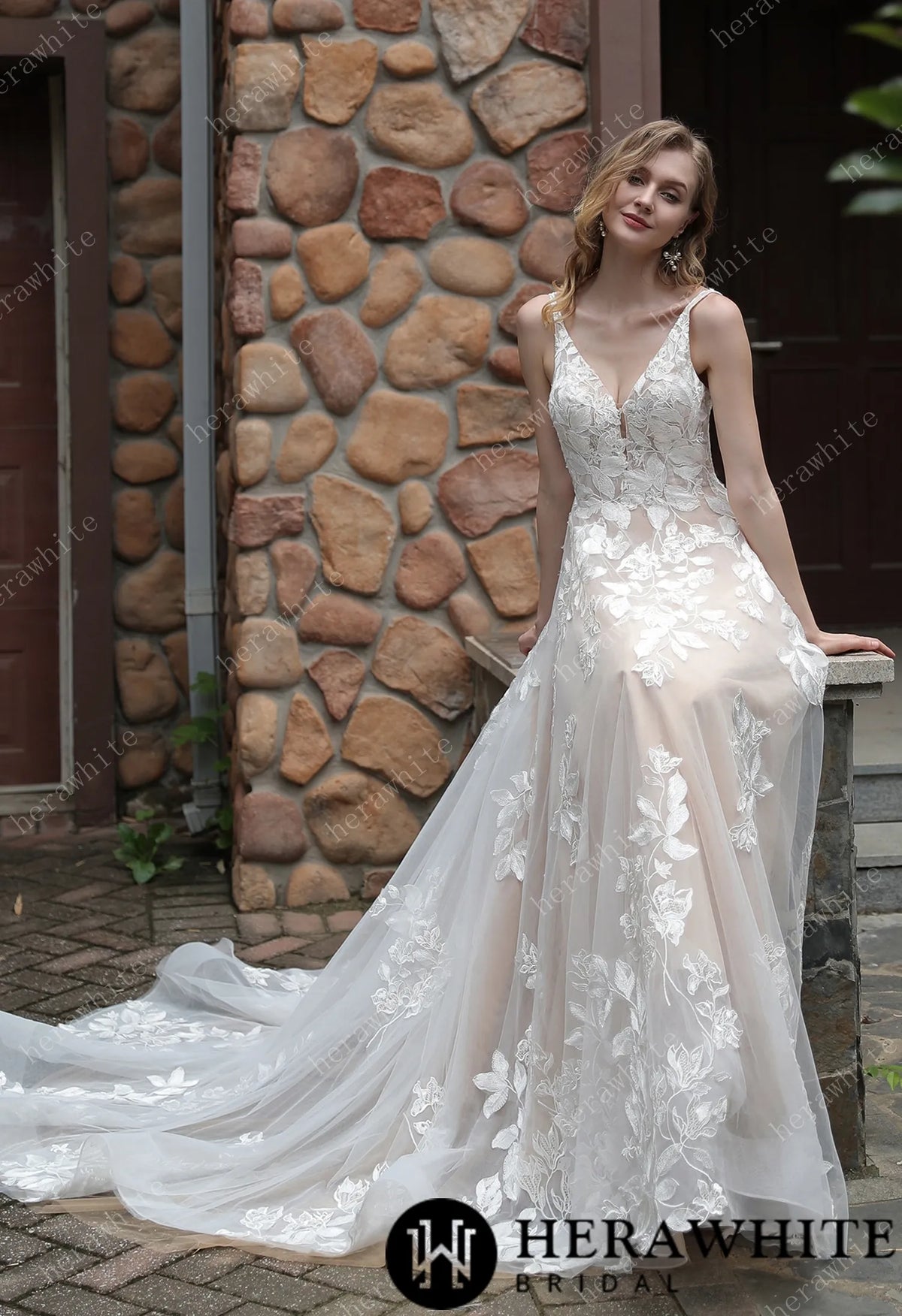 Luxurious Floral Lace  A-Line Sheer Train Wedding Dress — HW3039 — image 1