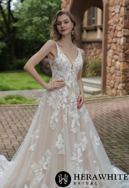 Luxurious Floral Lace  A-Line Sheer Train Wedding Dress — HW3039 — image 2