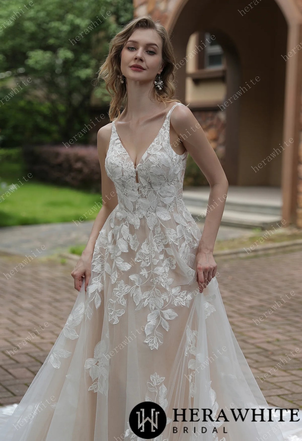 Luxurious Floral Lace  A-Line Sheer Train Wedding Dress — HW3039 — image 3