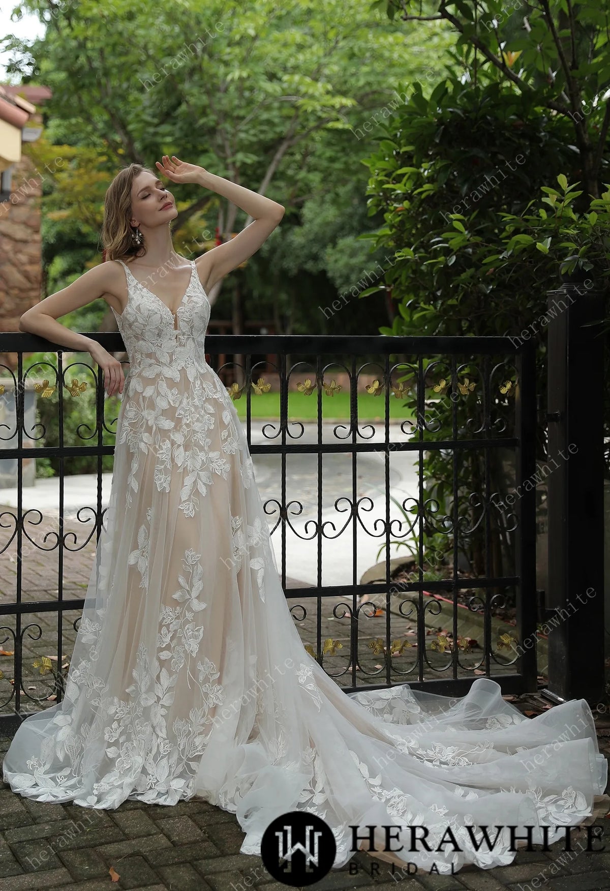 Luxurious Floral Lace  A-Line Sheer Train Wedding Dress — HW3039 — image 4