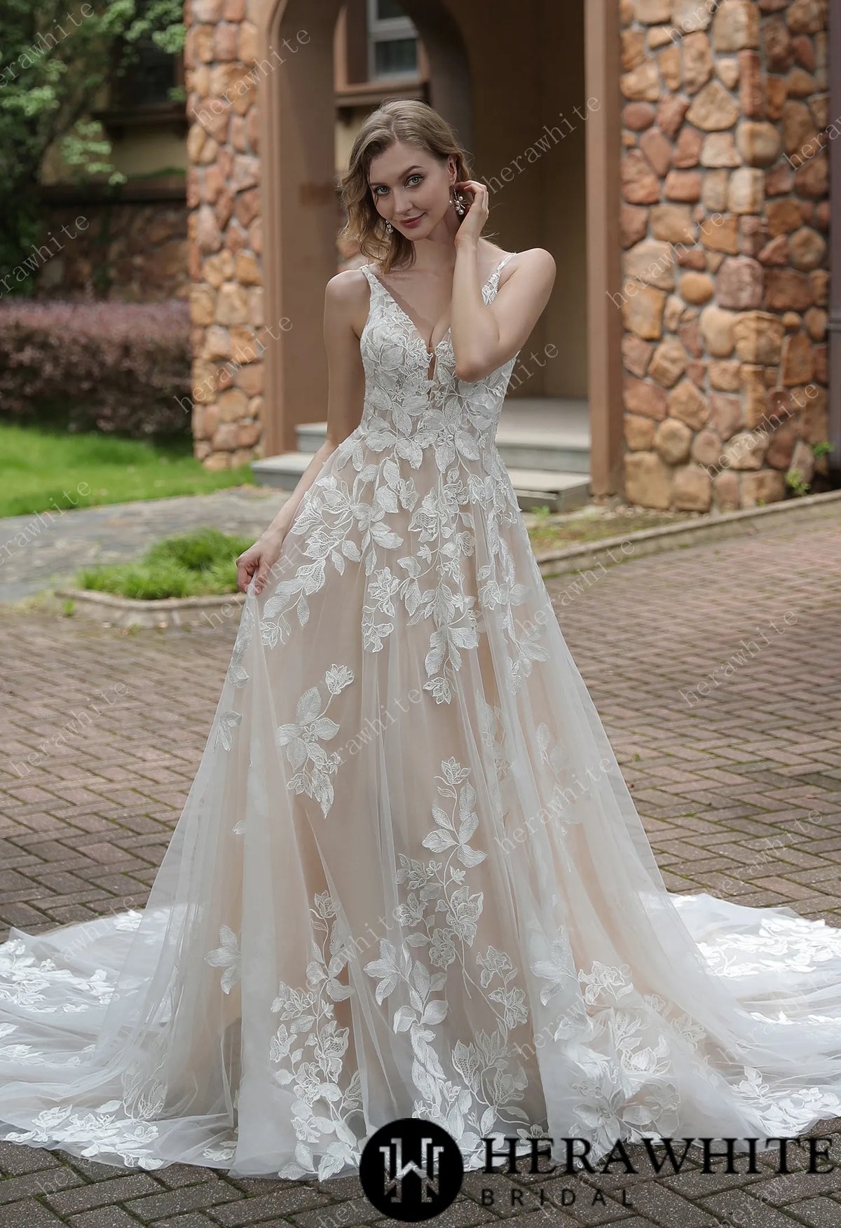 Luxurious Floral Lace  A-Line Sheer Train Wedding Dress — HW3039 — image 5