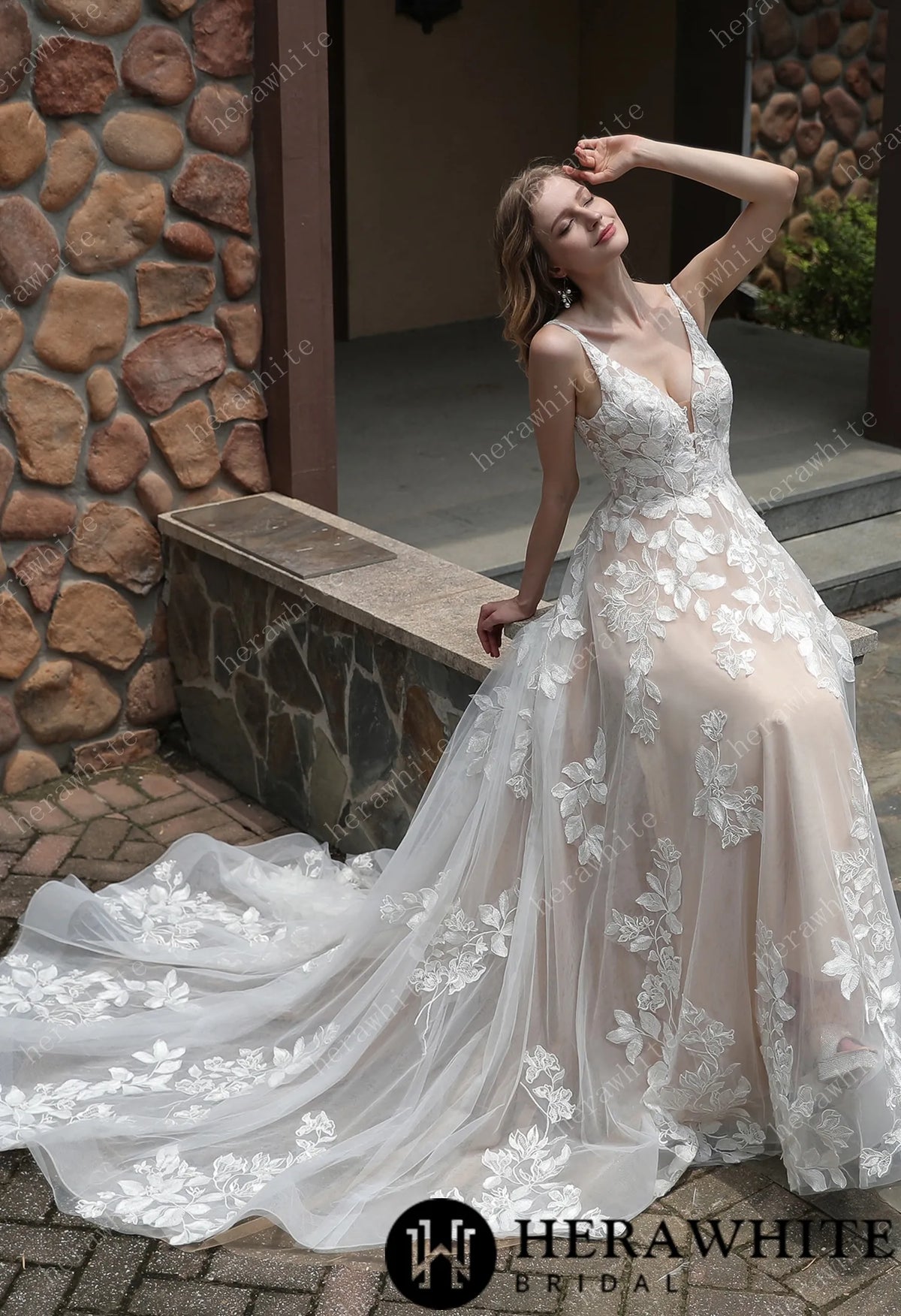 Luxurious Floral Lace  A-Line Sheer Train Wedding Dress — HW3039 — image 6