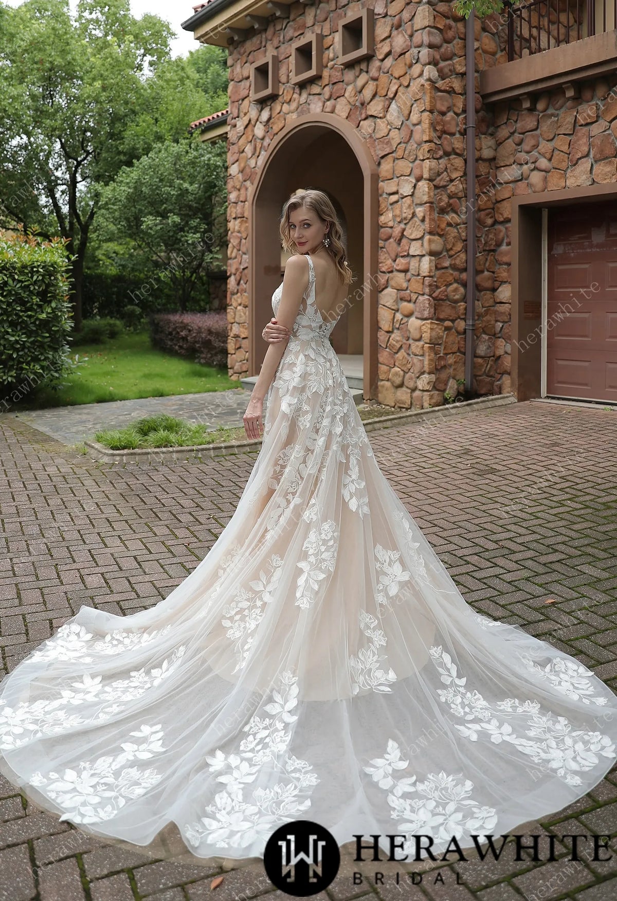 Luxurious Floral Lace  A-Line Sheer Train Wedding Dress — HW3039 — image 8