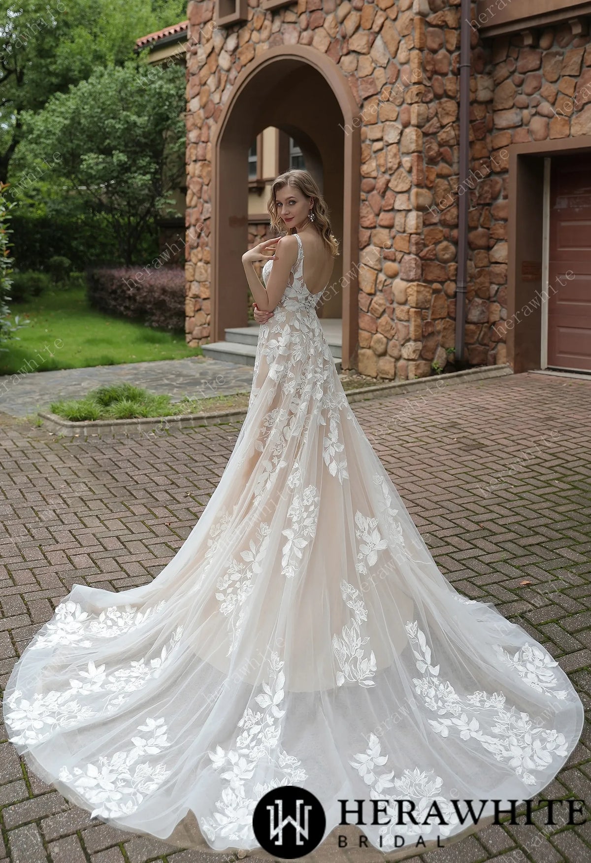 Luxurious Floral Lace  A-Line Sheer Train Wedding Dress — HW3039 — image 9