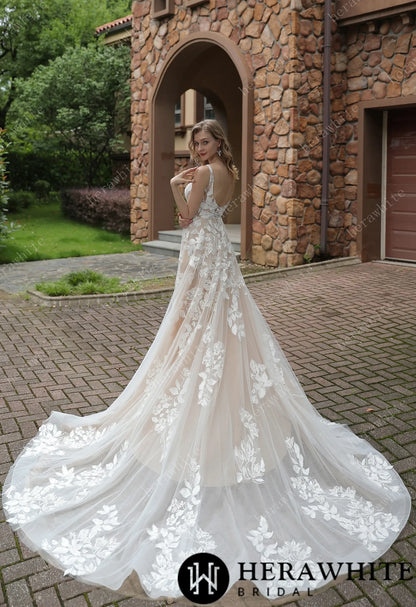 Luxurious Floral Lace  A-Line Sheer Train Wedding Dress — HW3039 — image 9