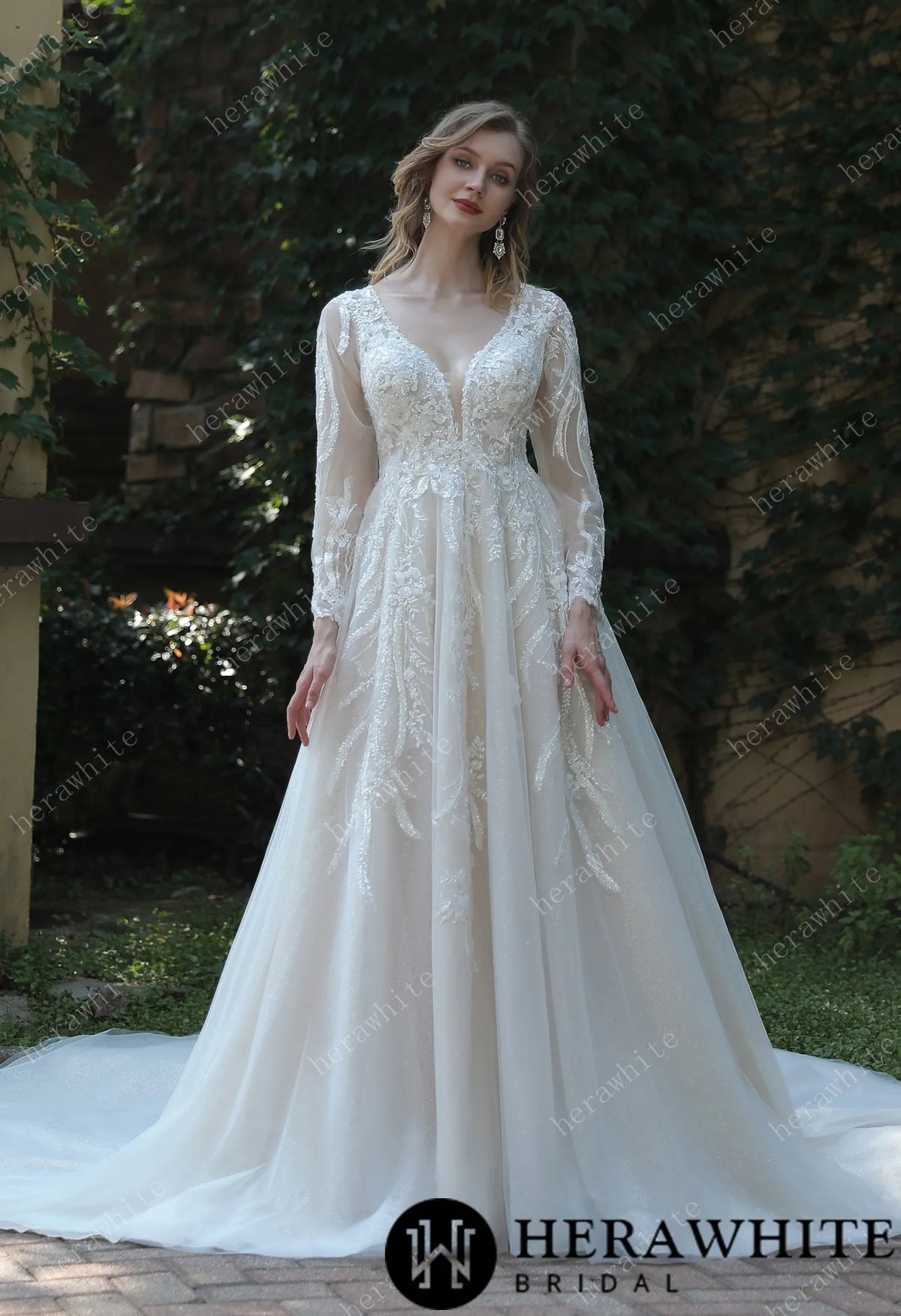 Long Sleeve Lace A-Line Plunging V-Neck Wedding Dress — HW3040 — image 1
