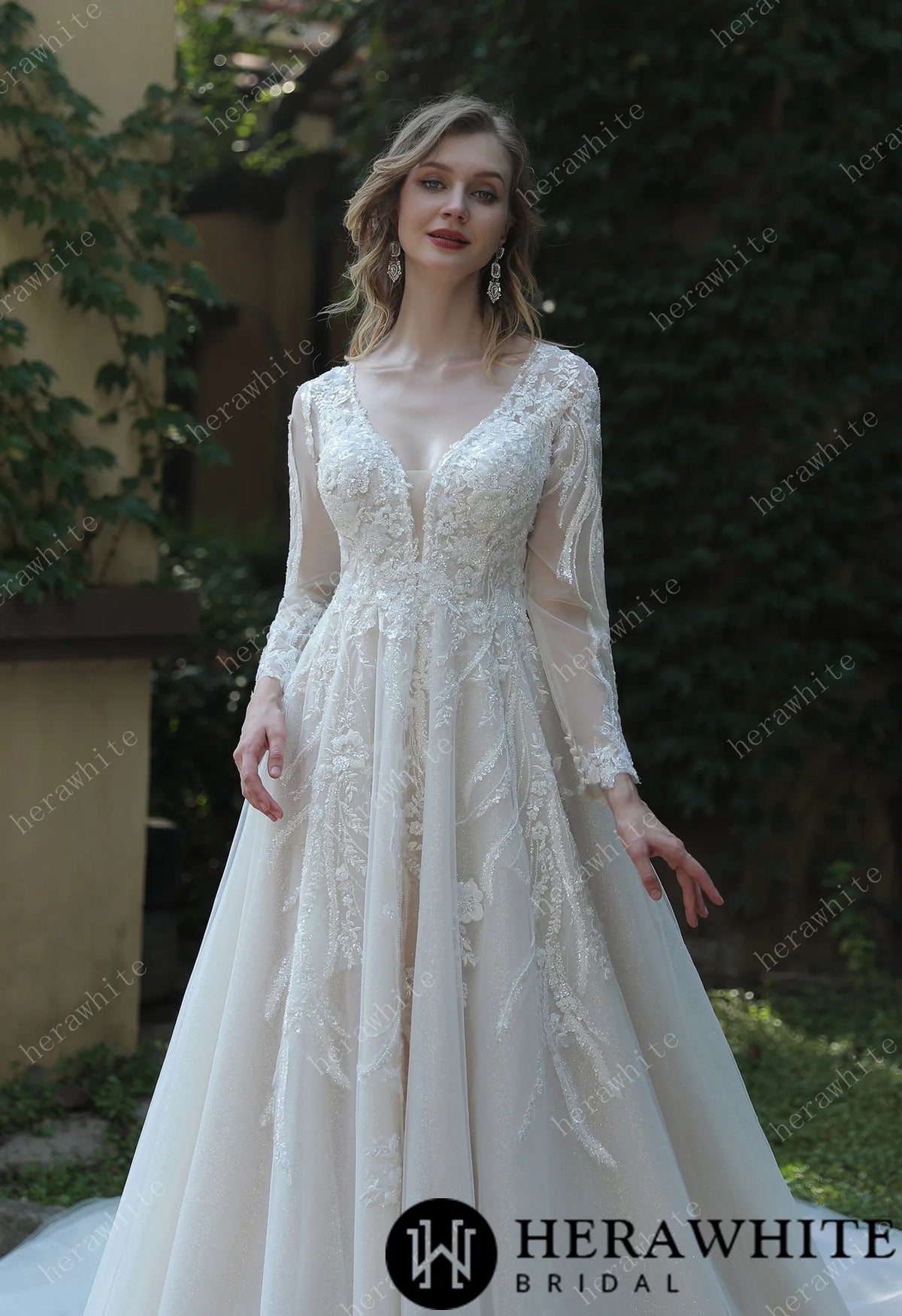 Long Sleeve Lace A-Line Plunging V-Neck Wedding Dress — HW3040 — image 2