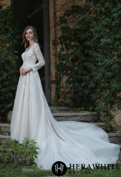Long Sleeve Lace A-Line Plunging V-Neck Wedding Dress — HW3040 — image 3