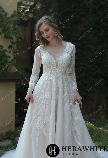 Long Sleeve Lace A-Line Plunging V-Neck Wedding Dress — HW3040 — image 4