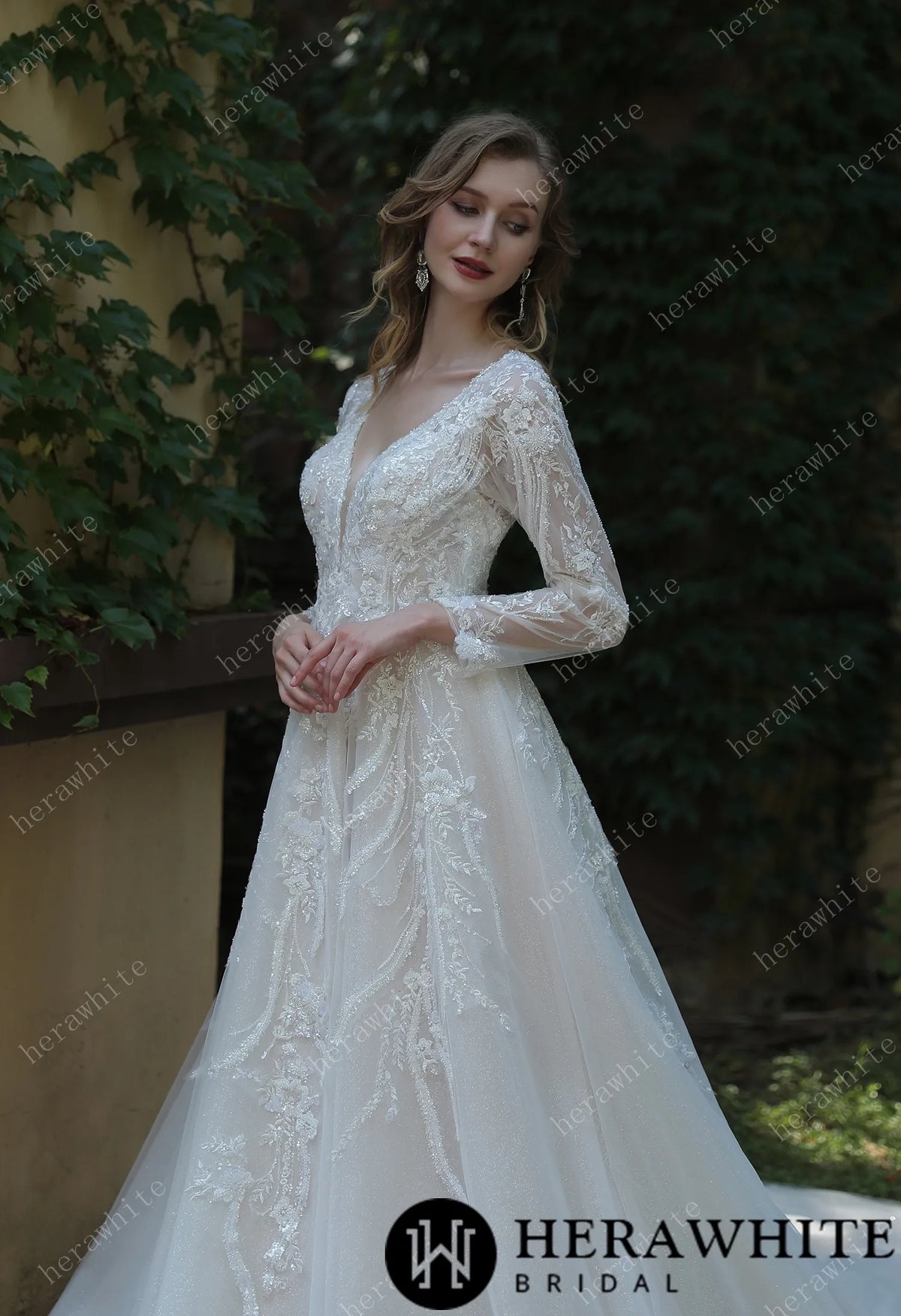 Long Sleeve Lace A-Line Plunging V-Neck Wedding Dress — HW3040 — image 5