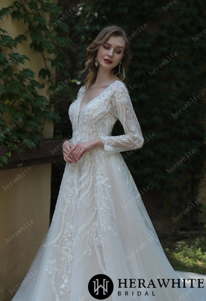 Long Sleeve Lace A-Line Plunging V-Neck Wedding Dress — HW3040 — image 5