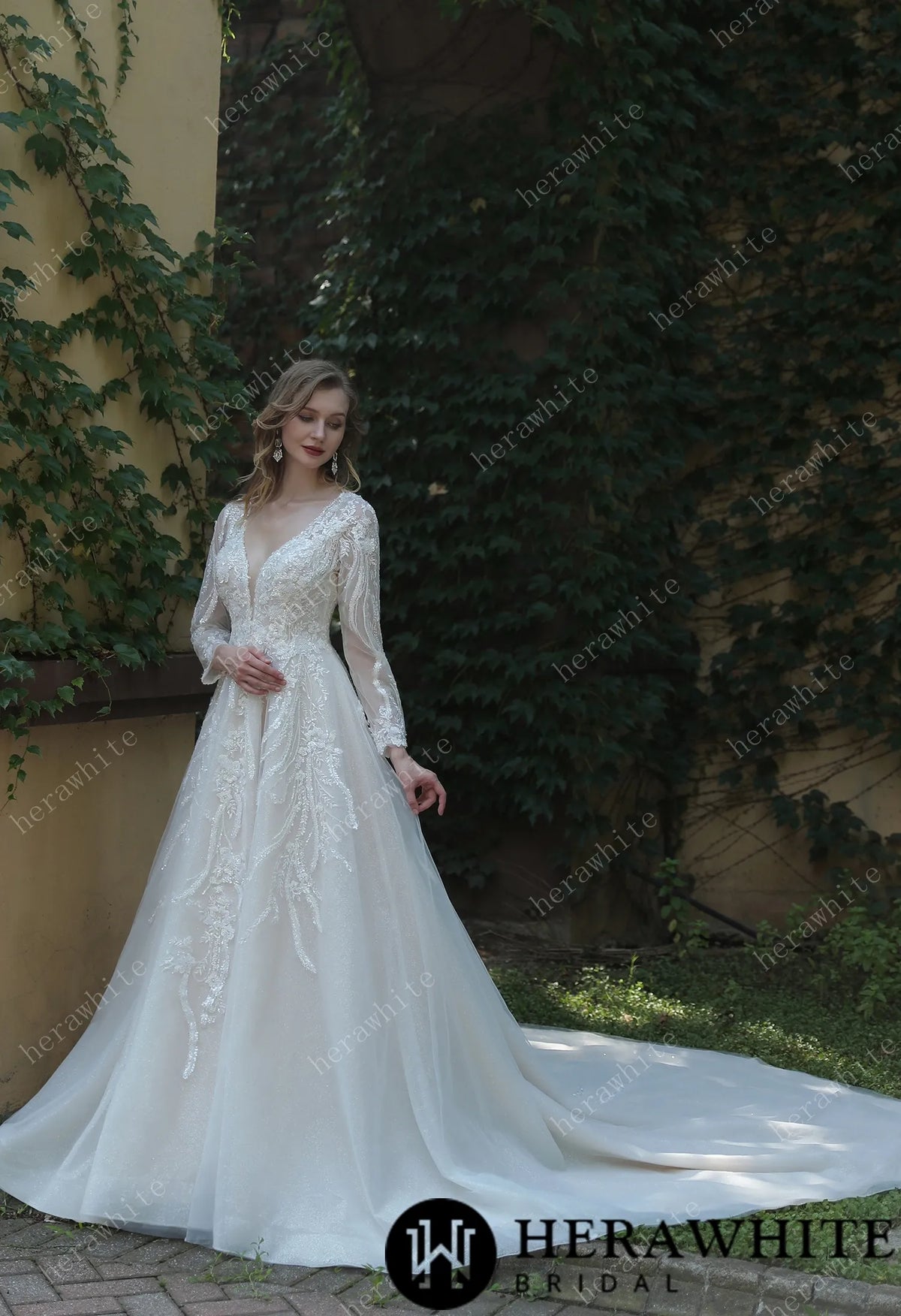 Long Sleeve Lace A-Line Plunging V-Neck Wedding Dress — HW3040 — image 6