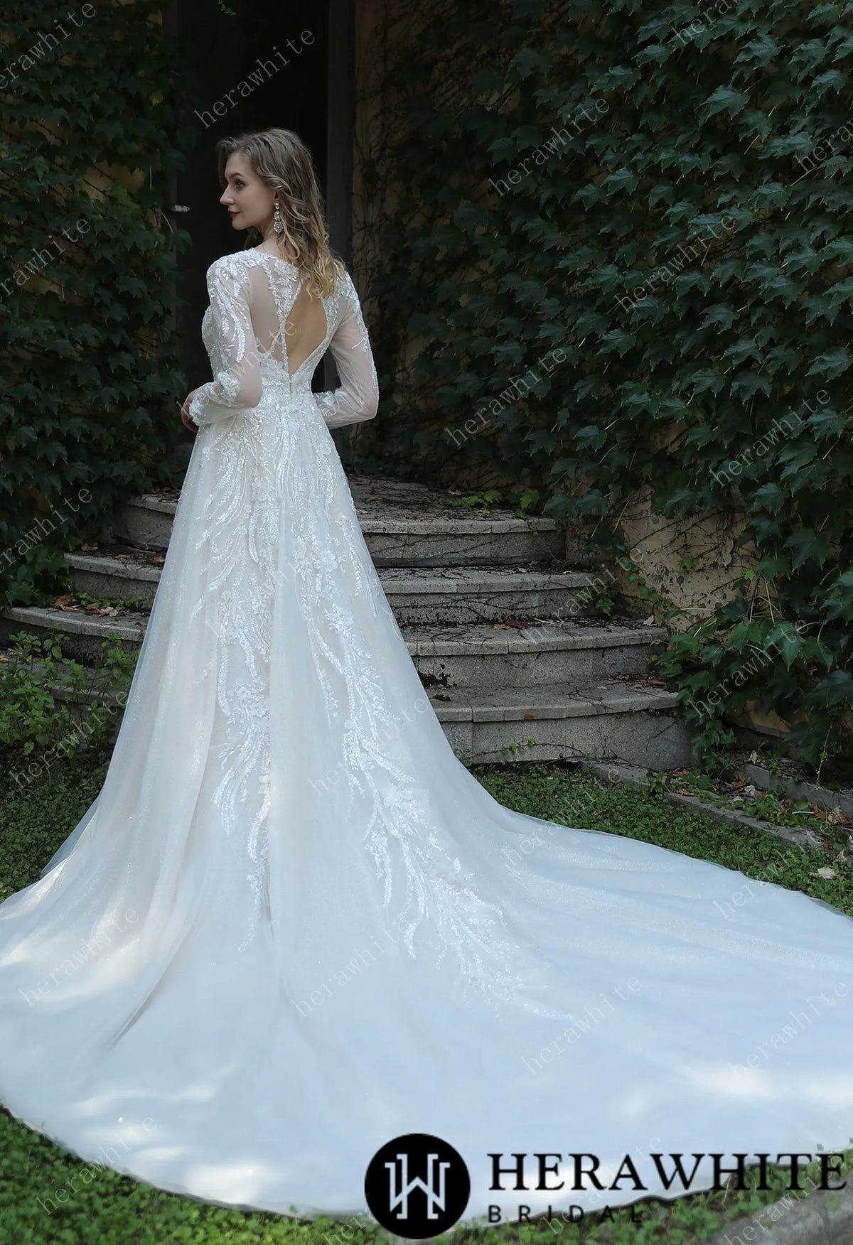 Long Sleeve Lace A-Line Plunging V-Neck Wedding Dress — HW3040 — image 7