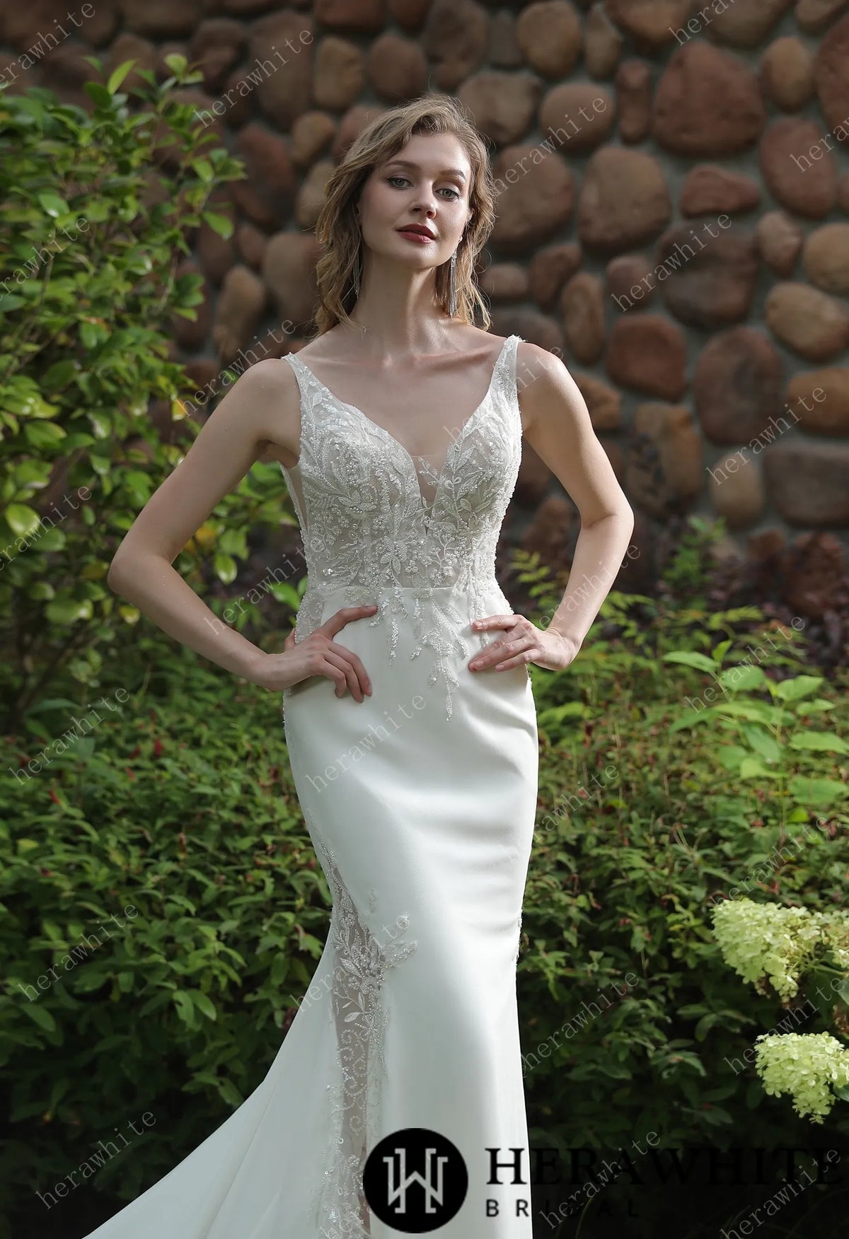 Beaded Fit And Flare V Neckline Crepe Wedding Dress — HW3041 — image 2