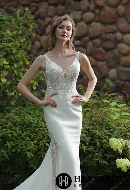 Beaded Fit And Flare V Neckline Crepe Wedding Dress — HW3041 — image 2