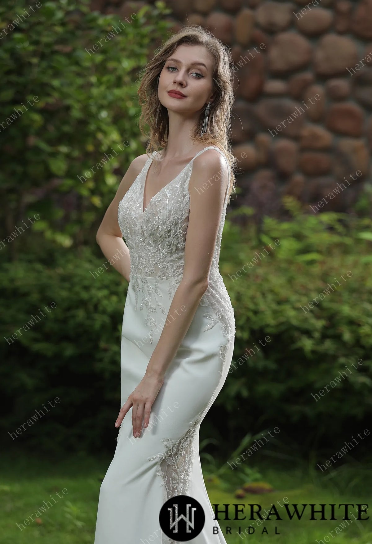 Beaded Fit And Flare V Neckline Crepe Wedding Dress — HW3041 — image 3