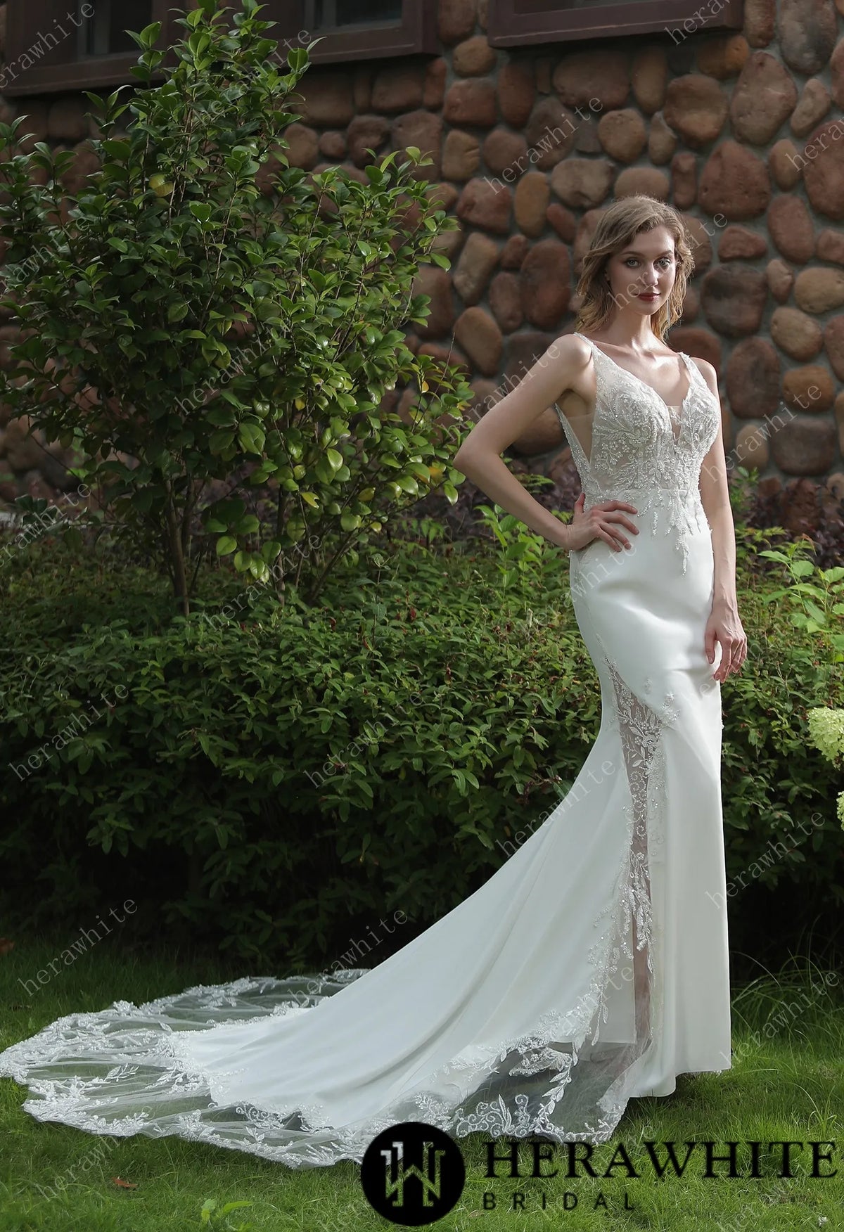 Beaded Fit And Flare V Neckline Crepe Wedding Dress — HW3041 — image 4