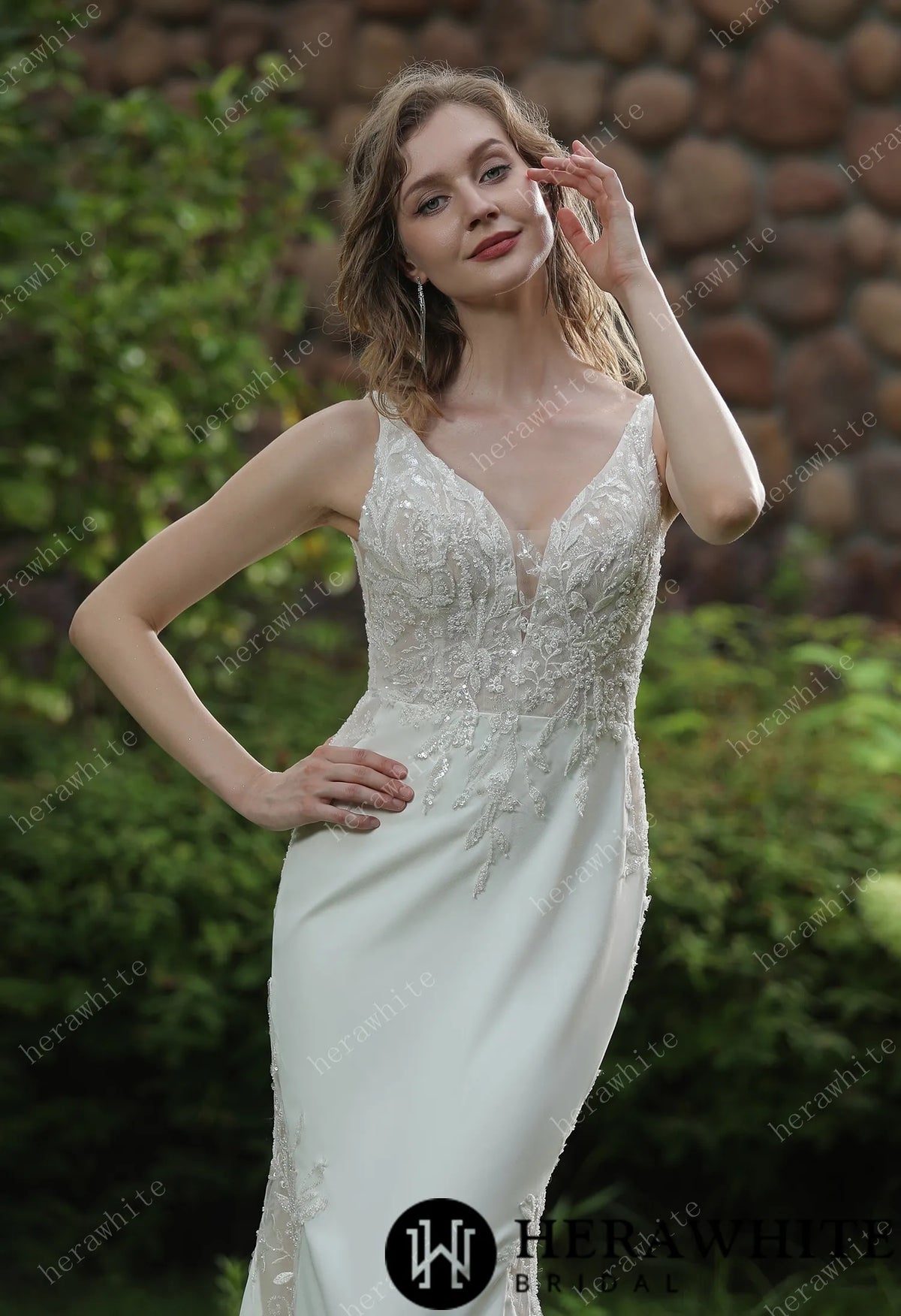 Beaded Fit And Flare V Neckline Crepe Wedding Dress — HW3041 — image 5