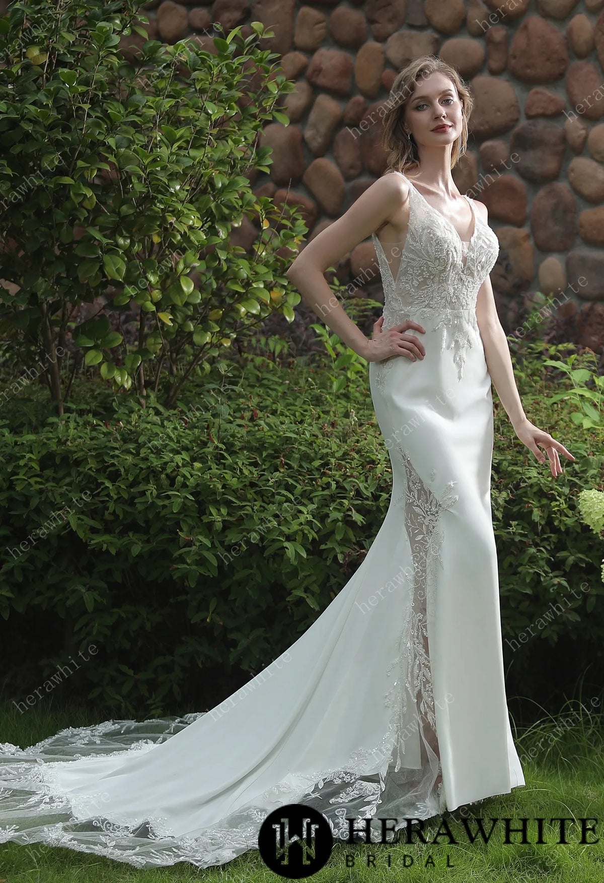 Beaded Fit And Flare V Neckline Crepe Wedding Dress — HW3041 — image 6
