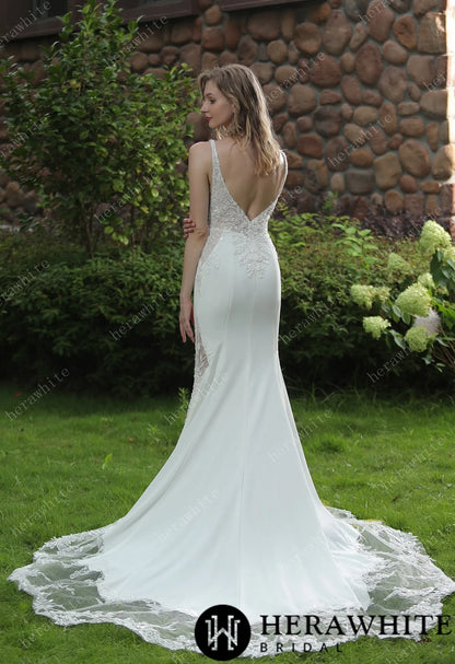 Beaded Fit And Flare V Neckline Crepe Wedding Dress — HW3041 — image 7