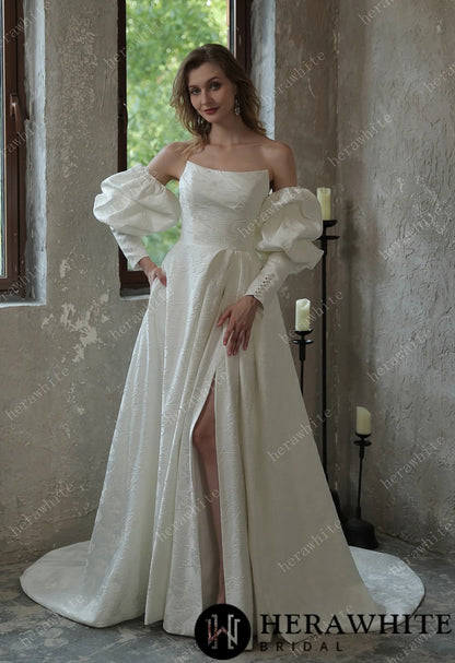 Scoop Neckline Brocade Satin Pockets Ballgown Wedding Dress — HW3043 — image 1