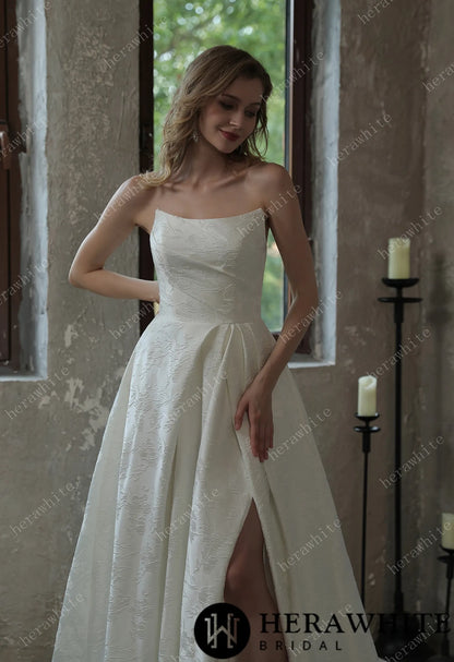 Scoop Neckline Brocade Satin Pockets Ballgown Wedding Dress — HW3043 — image 2