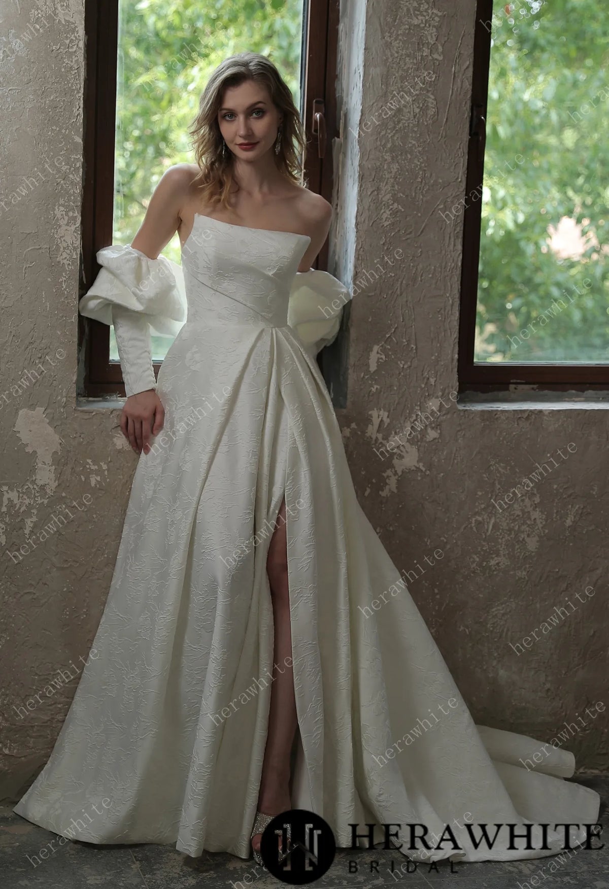 Scoop Neckline Brocade Satin Pockets Ballgown Wedding Dress — HW3043 — image 6