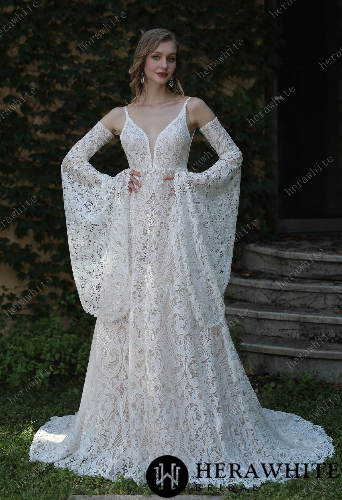 Summer Boho Lace Spaghetti Straps Wedding Dress — HW3044 — image 6