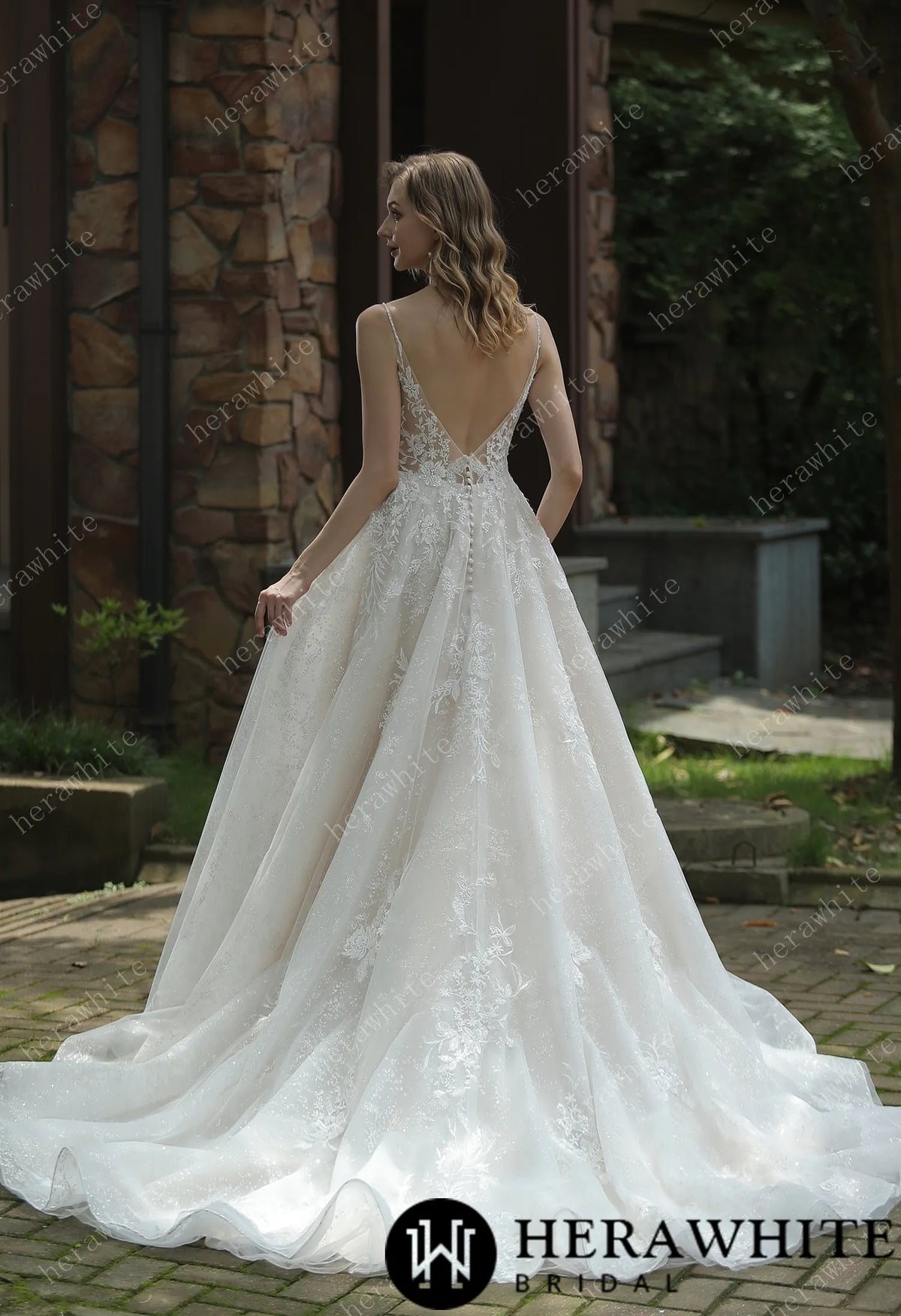 Sparkly A-Line Beaded Spaghetti Straps Wedding Dress — HW3048 — image 7