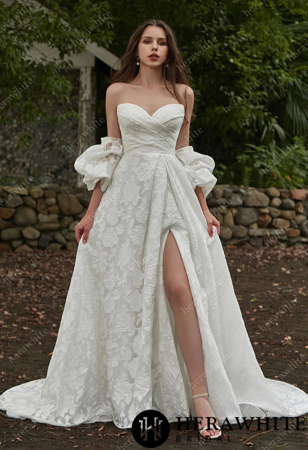 Jacquard Puff Sleeves Grace Slit And Sweetheart Wedding Dress — HW3417 — image 1