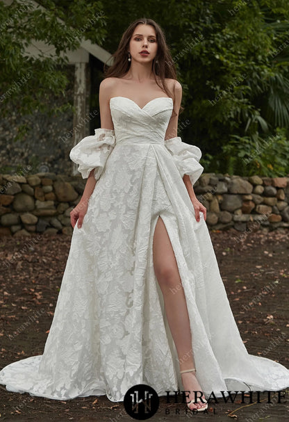 Jacquard Puff Sleeves Grace Slit And Sweetheart Wedding Dress — HW3417 — image 1