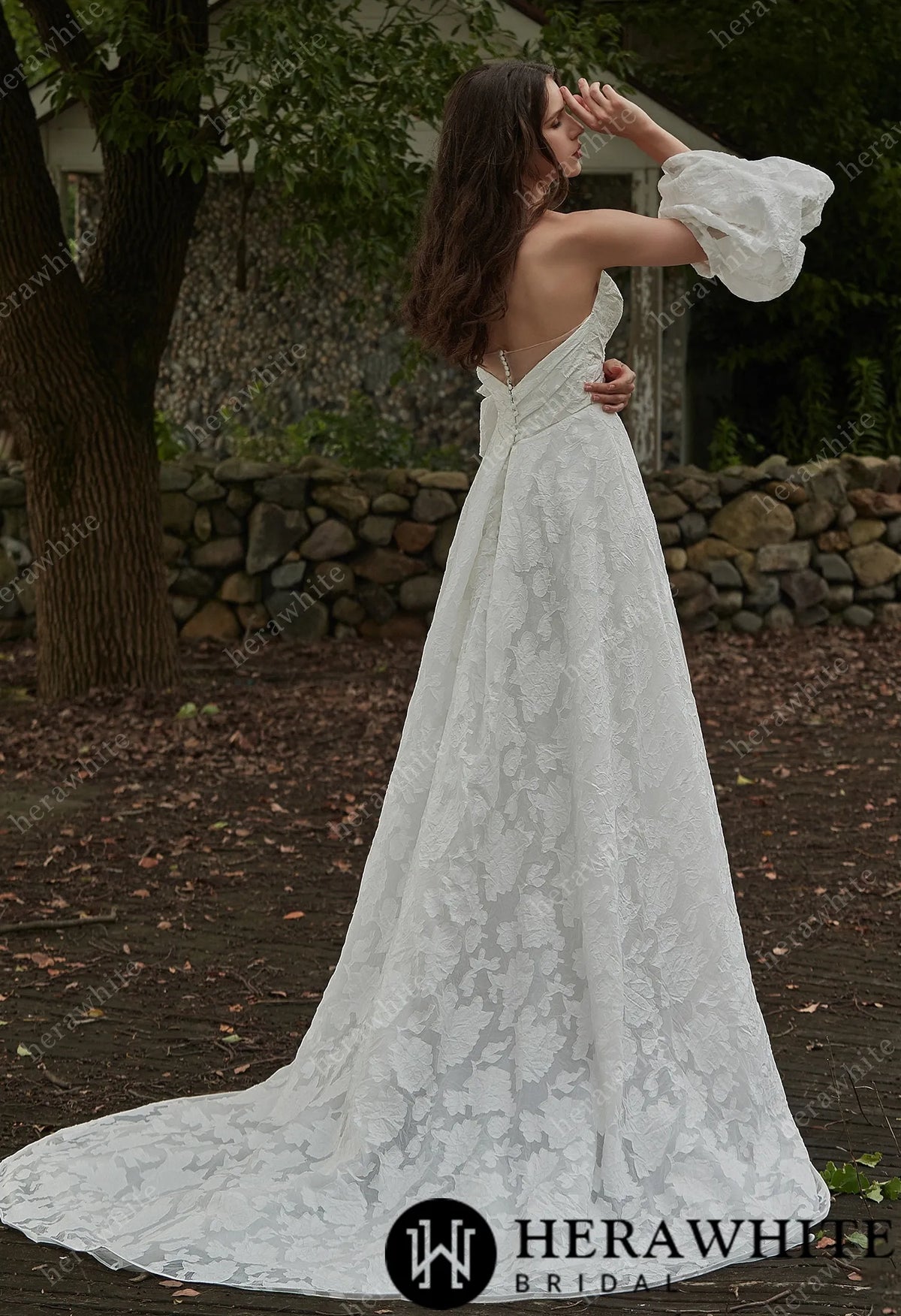 Jacquard Puff Sleeves Grace Slit And Sweetheart Wedding Dress — HW3417 — image 3