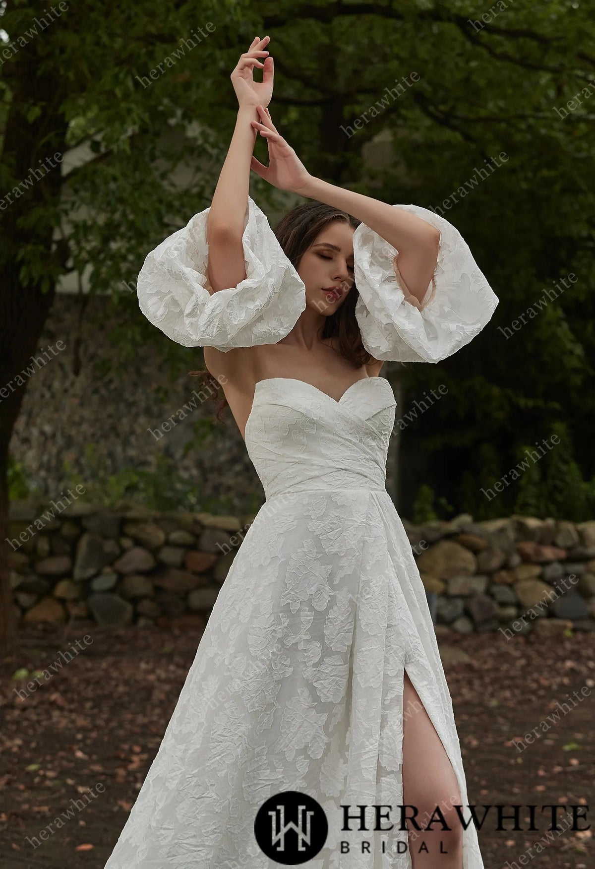 Jacquard Puff Sleeves Grace Slit And Sweetheart Wedding Dress — HW3417 — image 4