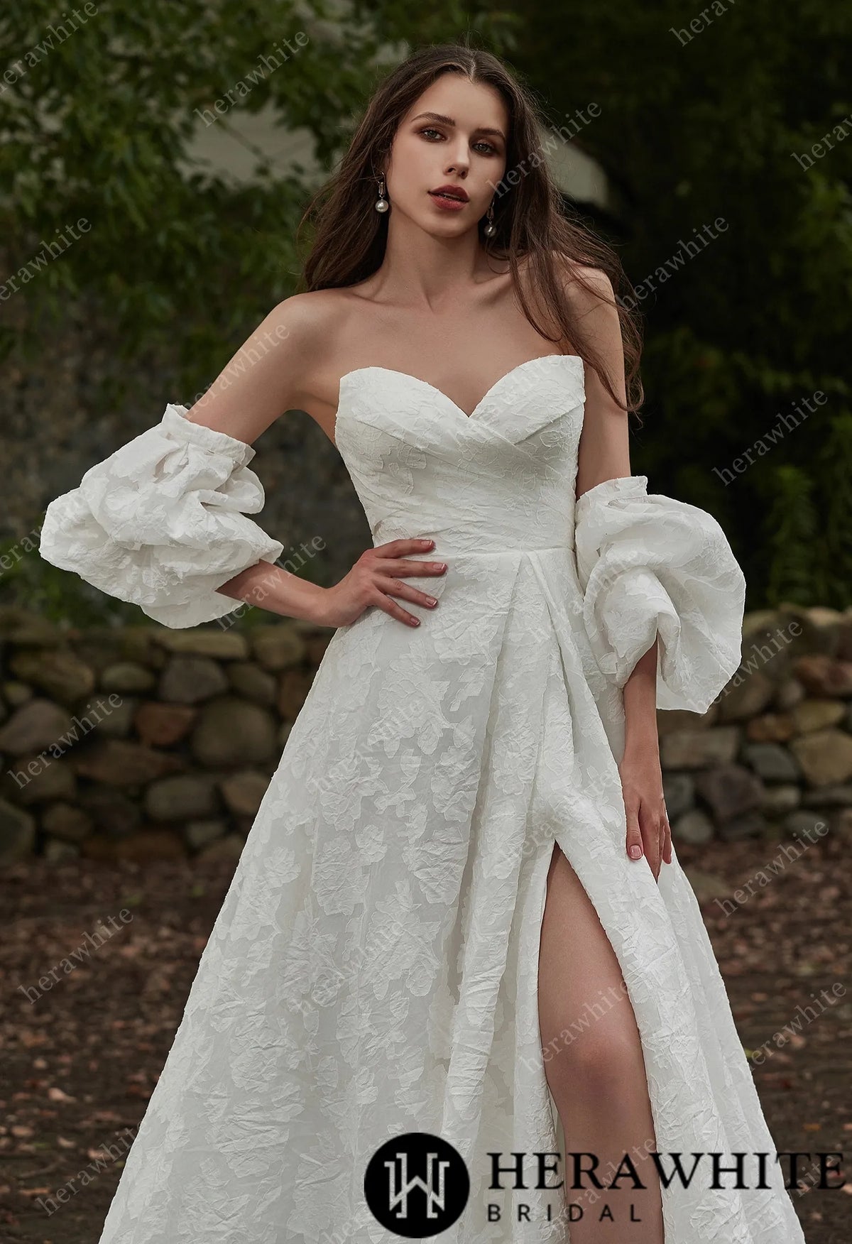 Jacquard Puff Sleeves Grace Slit And Sweetheart Wedding Dress — HW3417 — image 5