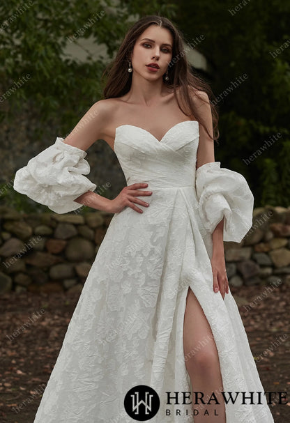 Jacquard Puff Sleeves Grace Slit And Sweetheart Wedding Dress — HW3417 — image 5