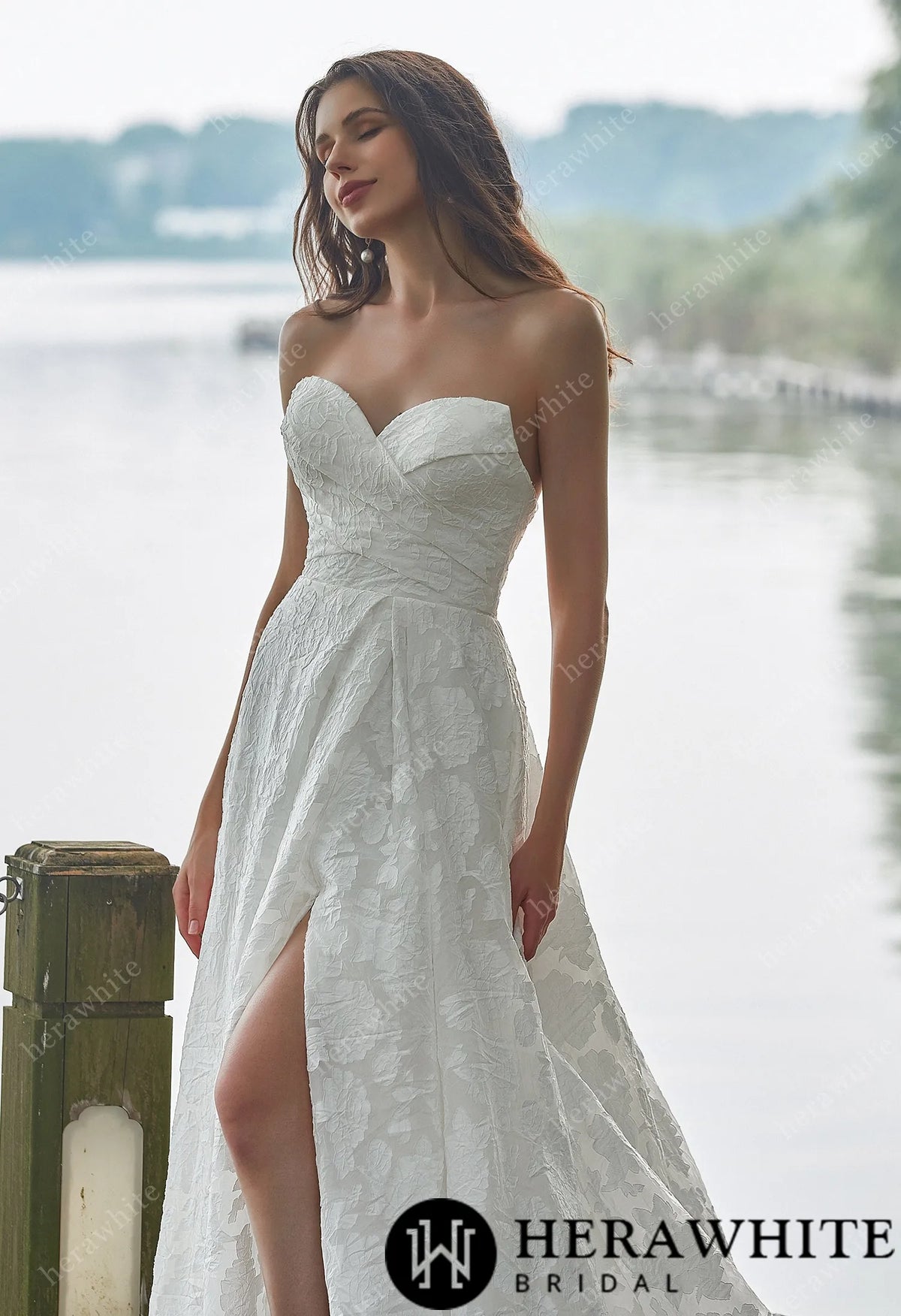 Jacquard Puff Sleeves Grace Slit And Sweetheart Wedding Dress — HW3417 — image 6