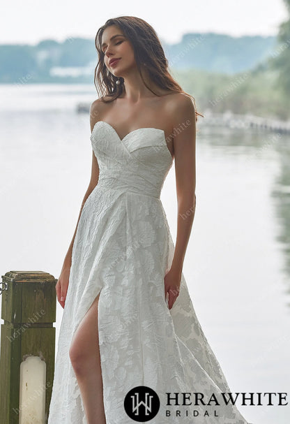 Jacquard Puff Sleeves Grace Slit And Sweetheart Wedding Dress — HW3417 — image 6