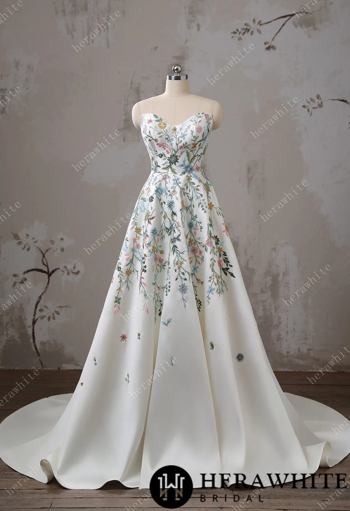 Strapless Floral Embroidered Mikado A line Wedding Dress — HW3492 — image 1