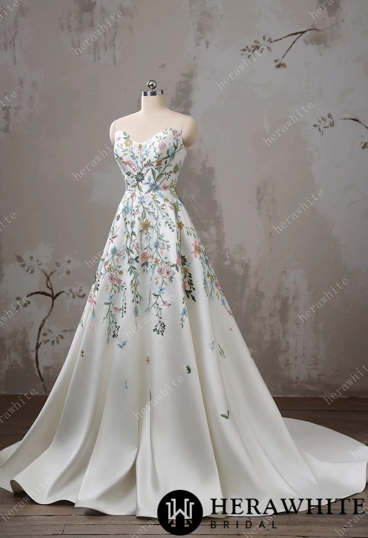 Strapless Floral Embroidered Mikado A line Wedding Dress — HW3492 — image 2