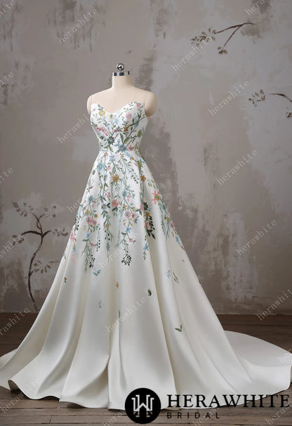 Strapless Floral Embroidered Mikado A line Wedding Dress — HW3492 — image 2