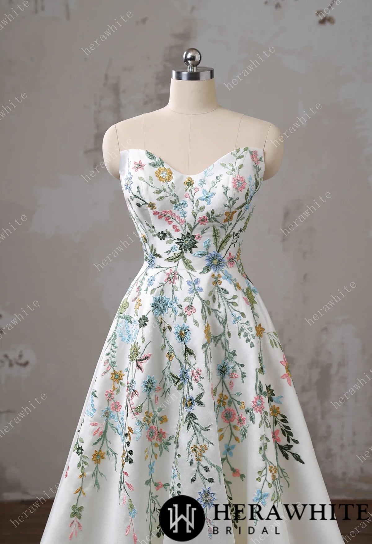 Strapless Floral Embroidered Mikado A line Wedding Dress — HW3492 — image 3
