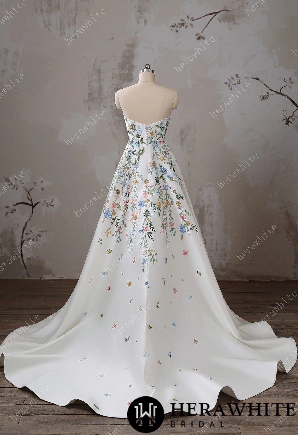Strapless Floral Embroidered Mikado A line Wedding Dress — HW3492 — image 4