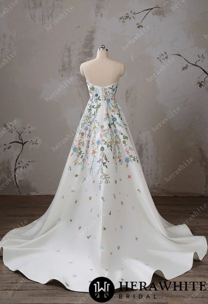 Strapless Floral Embroidered Mikado A line Wedding Dress — HW3492 — image 4